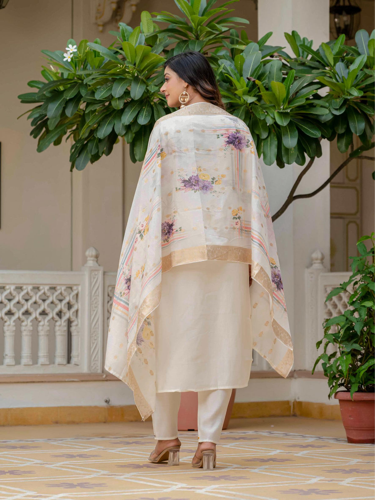 Beige Roman Silk Elite Embroidered Suit Set for Women