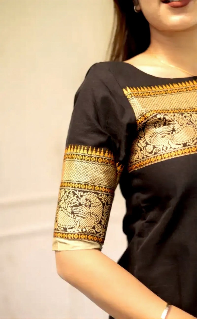 Black Kanchi Cotton Jacquard Kurti with Woven Dupatta Set for Women