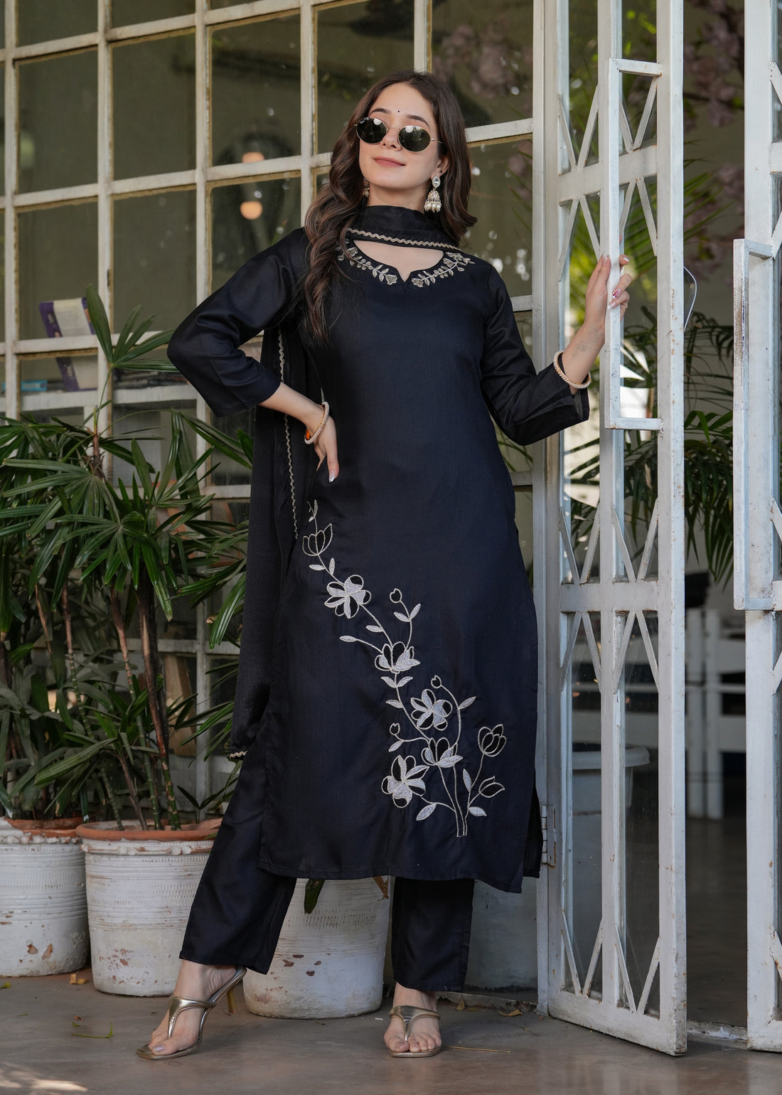 Black Designer Threadwork Suit with Chinon Dupatta for Women