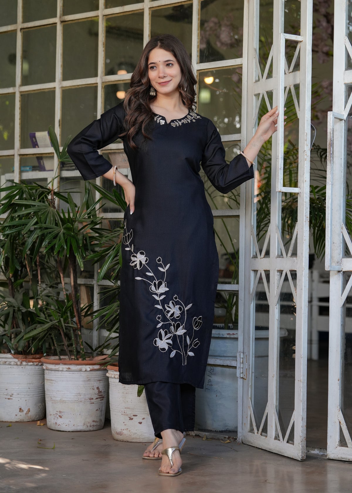 Black Designer Threadwork Suit with Chinon Dupatta for Women