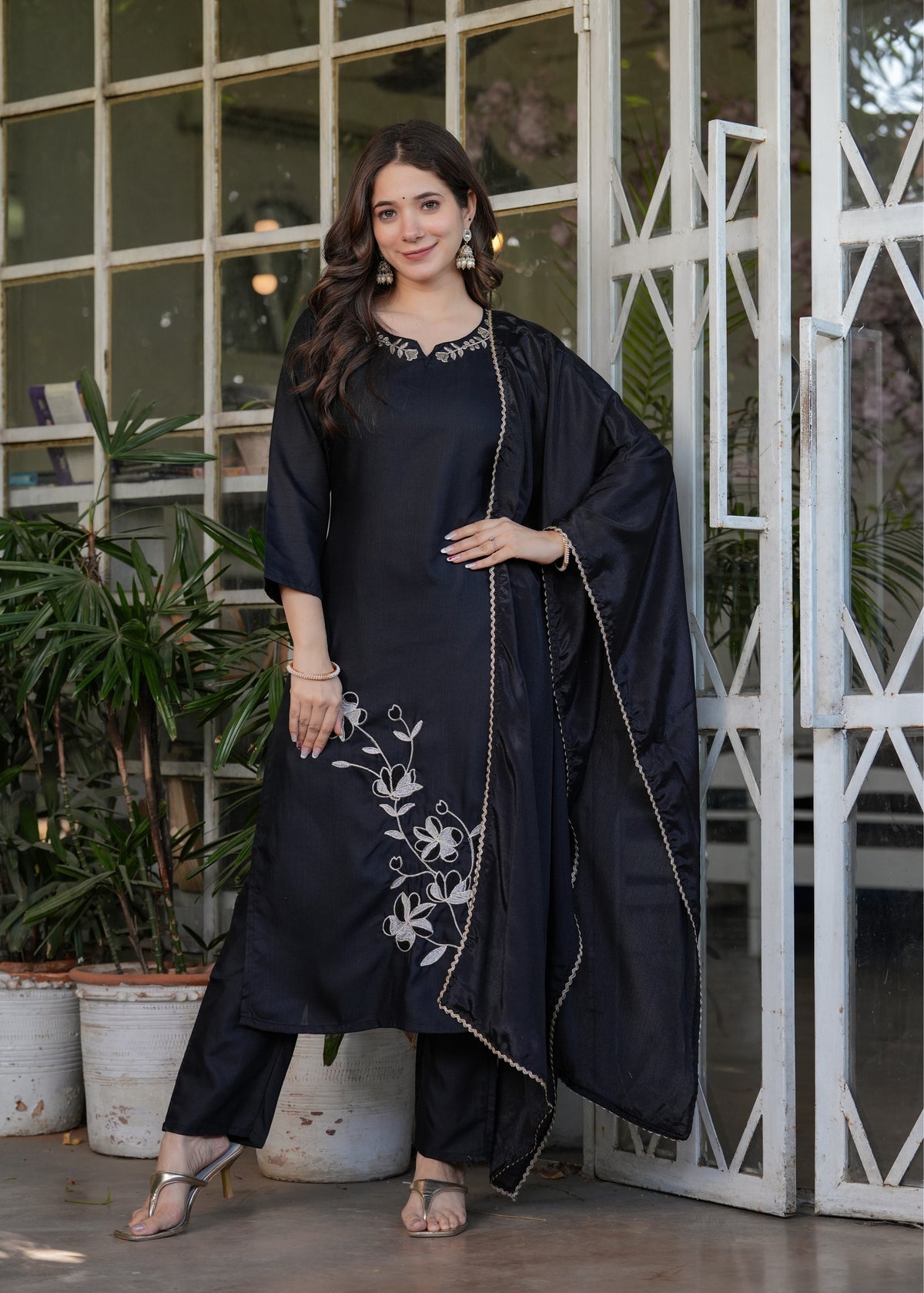Black Designer Threadwork Suit with Chinon Dupatta for Women