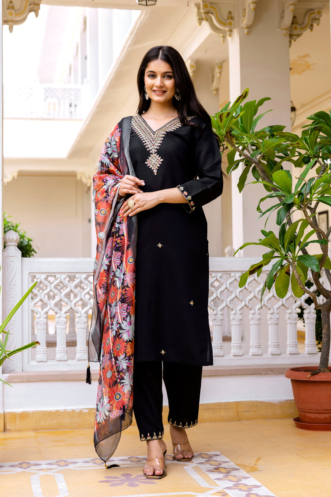 Black Embroidered Chanderi Kurti Pant Dupatta Set for Women