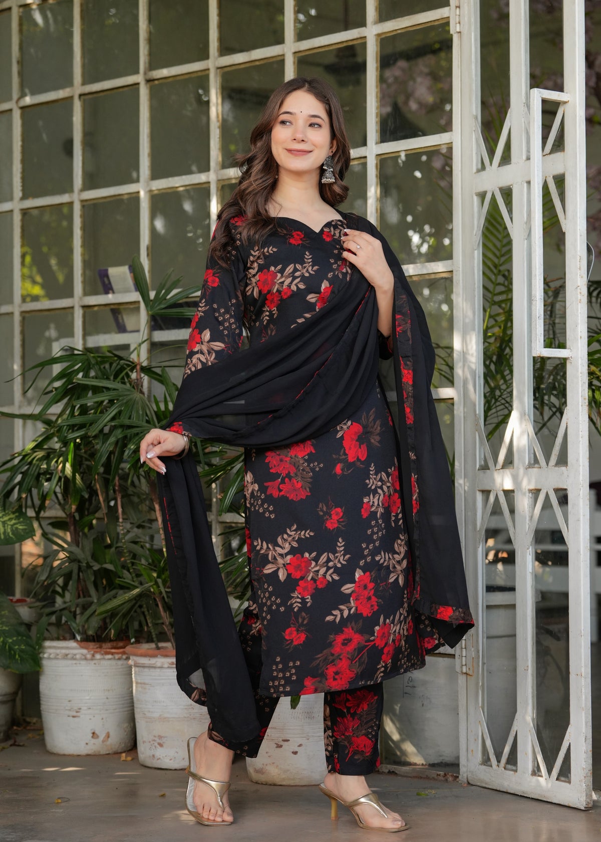 Black Floral Printed Silk Blend Salwar Suit for Women