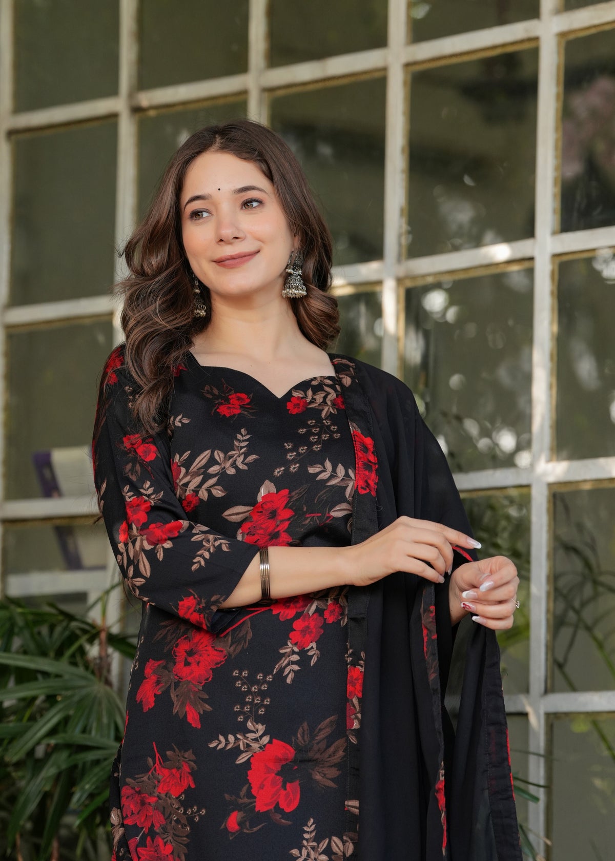 Black Floral Printed Silk Blend Salwar Suit for Women