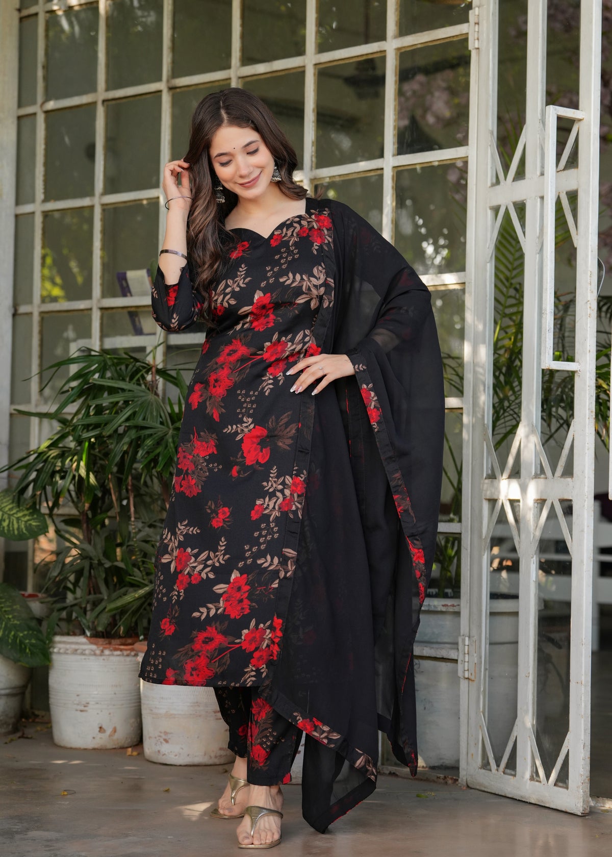 Black Floral Printed Silk Blend Salwar Suit for Women