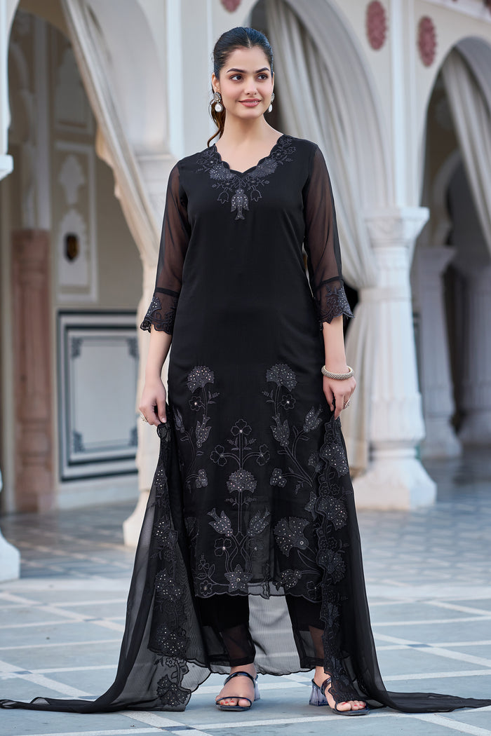 Elegant Black Georgette Kurta Pant Dupatta Set Women for Women