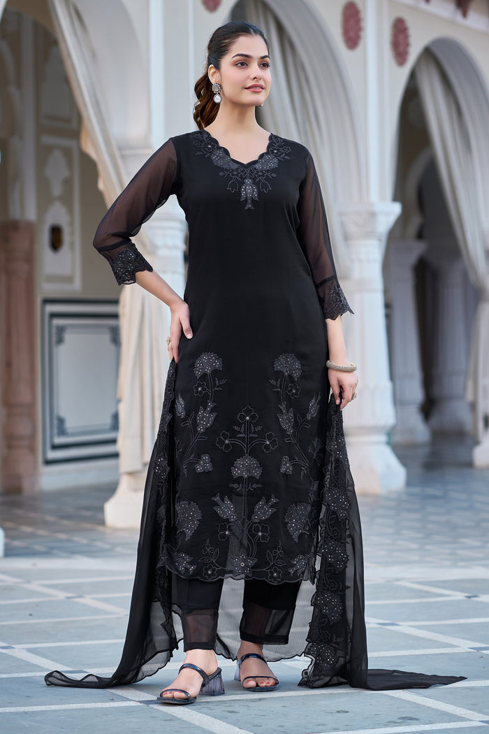 Elegant Black Georgette Kurta Pant Dupatta Set Women for Women