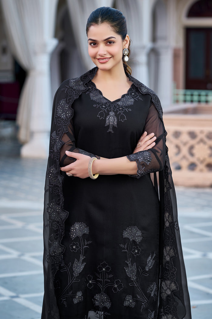 Elegant Black Georgette Kurta Pant Dupatta Set Women for Women