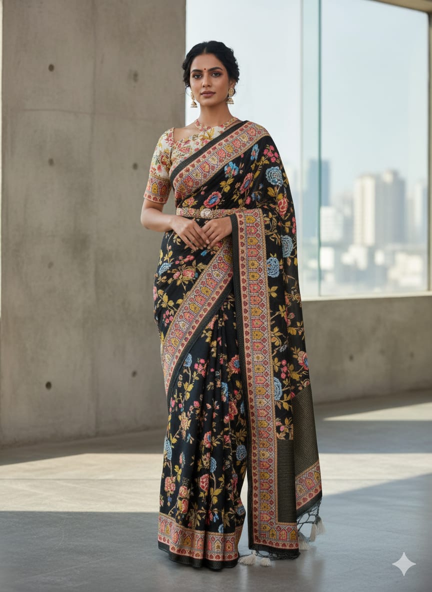 Black Floral Georgette Saree with Zari Border for Women