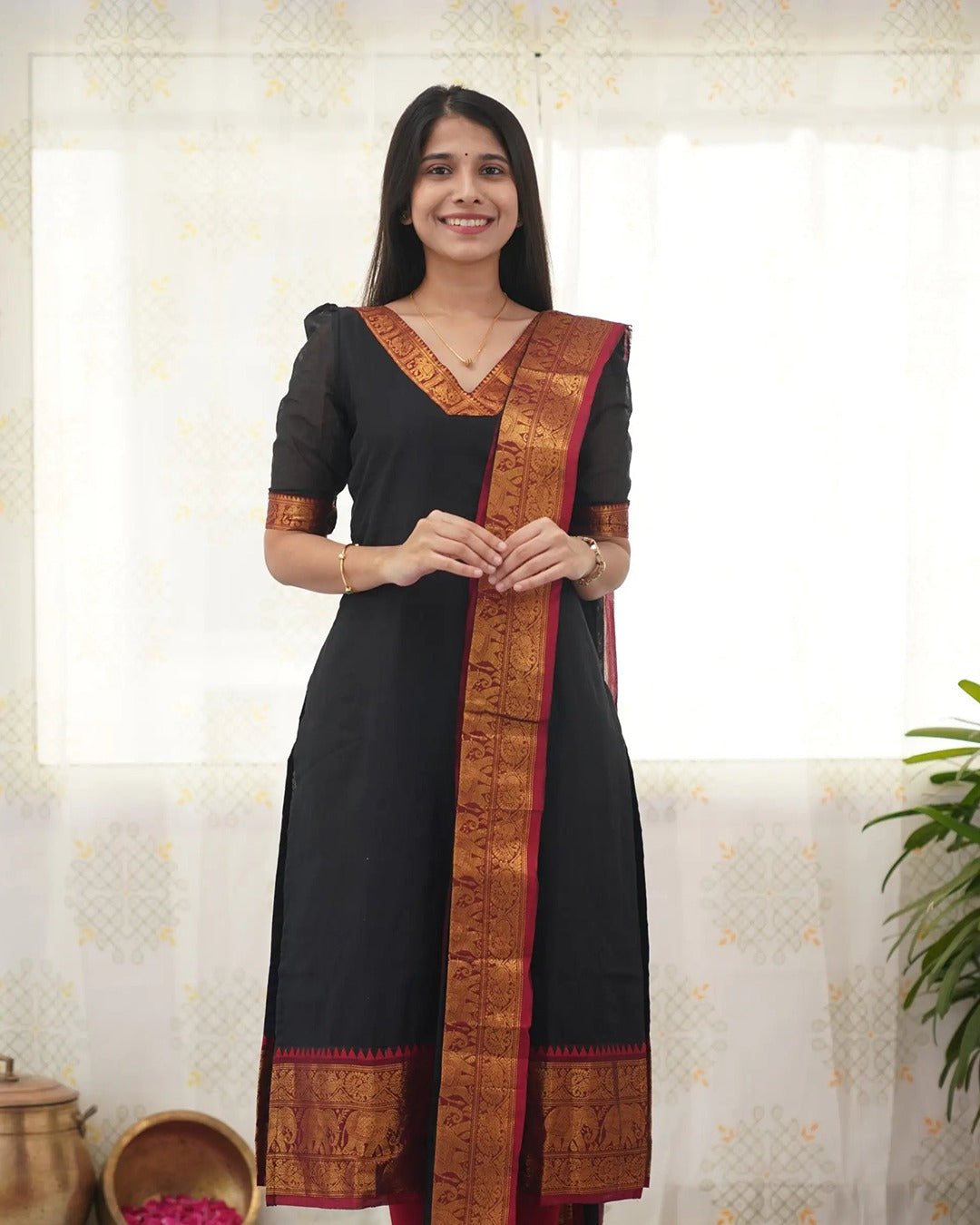 Black Heritage Weave Kurti Dupatta Set for Women
