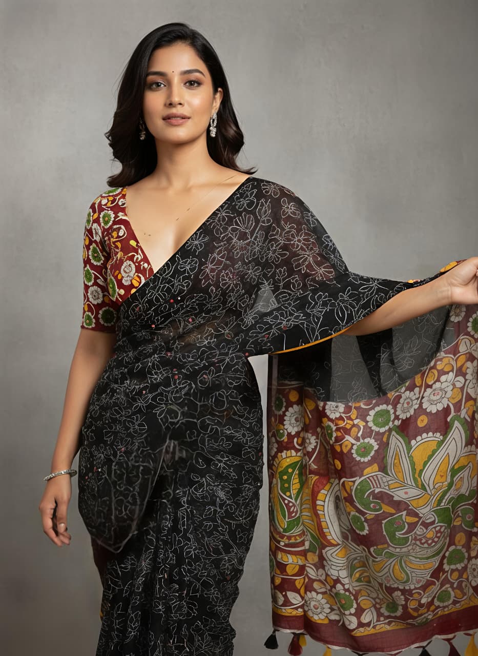 Black Kalamkari Mirror Work Linen Saree with Ethnic Digital Print