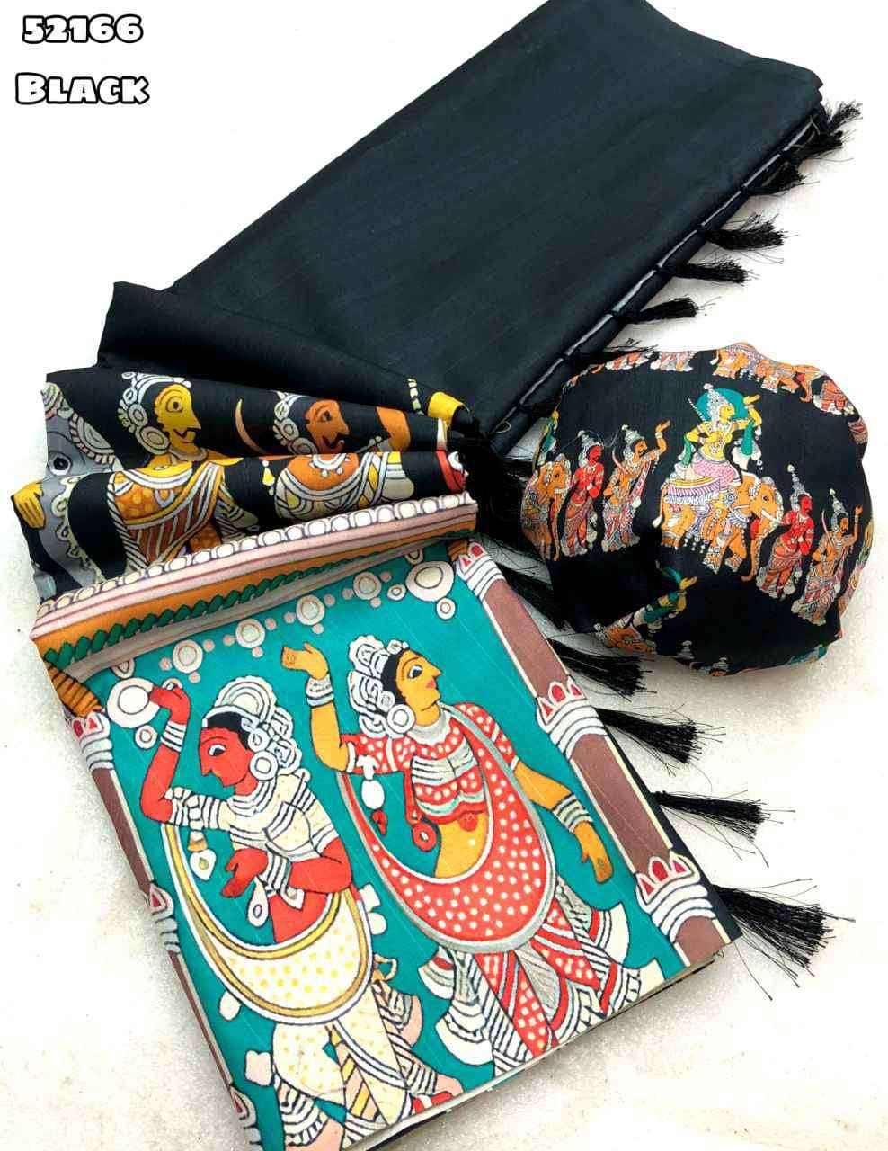 Black Traditional Kalamkari Print Silk Saree for Women