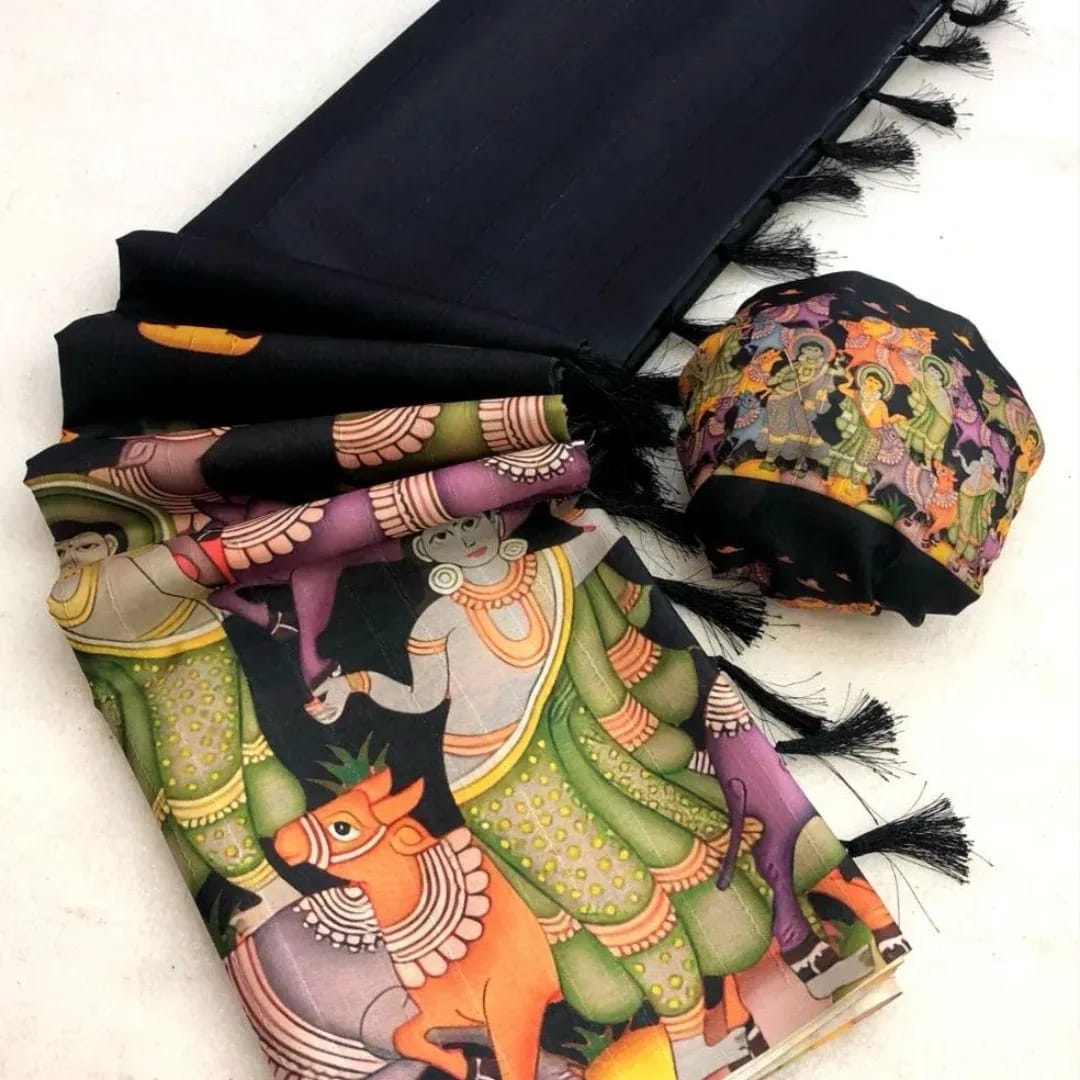 Black Kalamkari Tussar Silk Saree with Blouse for Women
