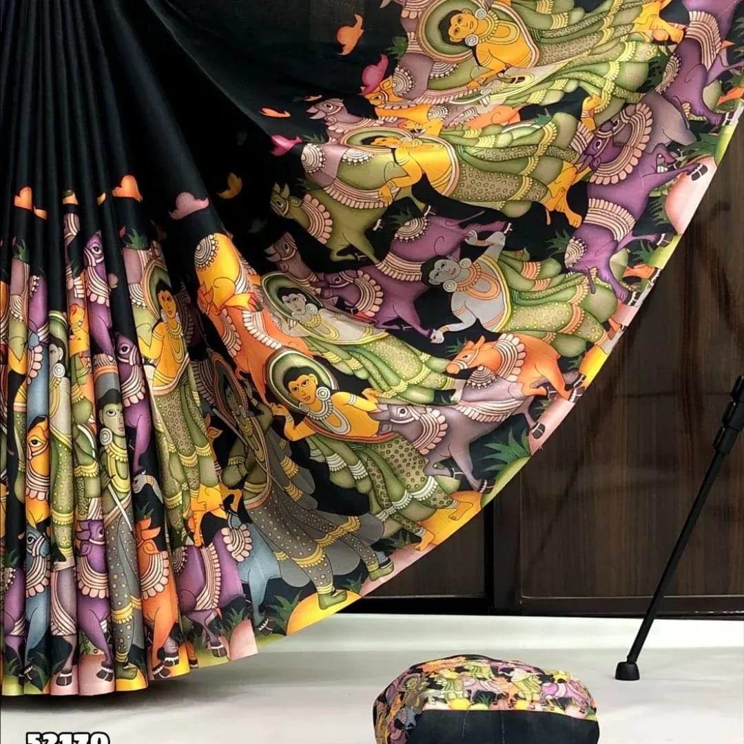 Black Kalamkari Tussar Silk Saree with Blouse for Women