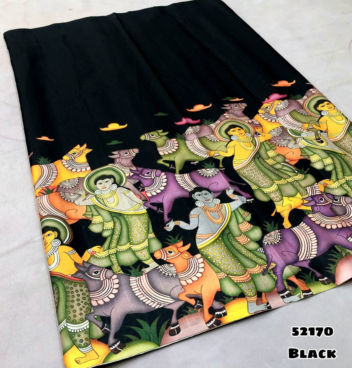 Black Kalamkari Tussar Silk Saree with Blouse for Women