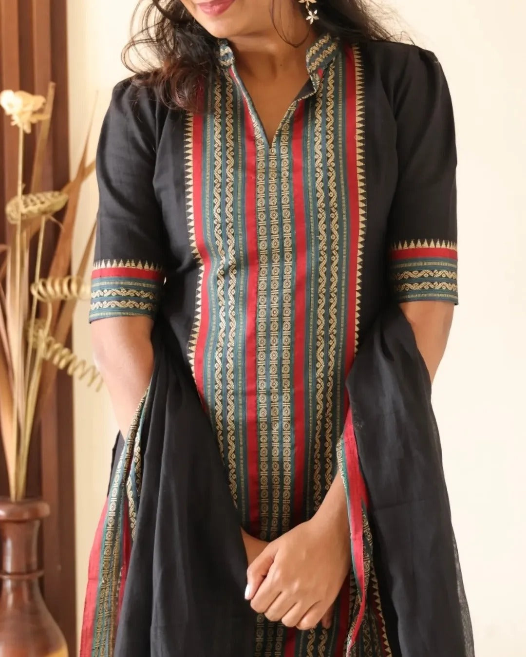 Black Kanchi Cotton Kurti Dupatta Set for Women