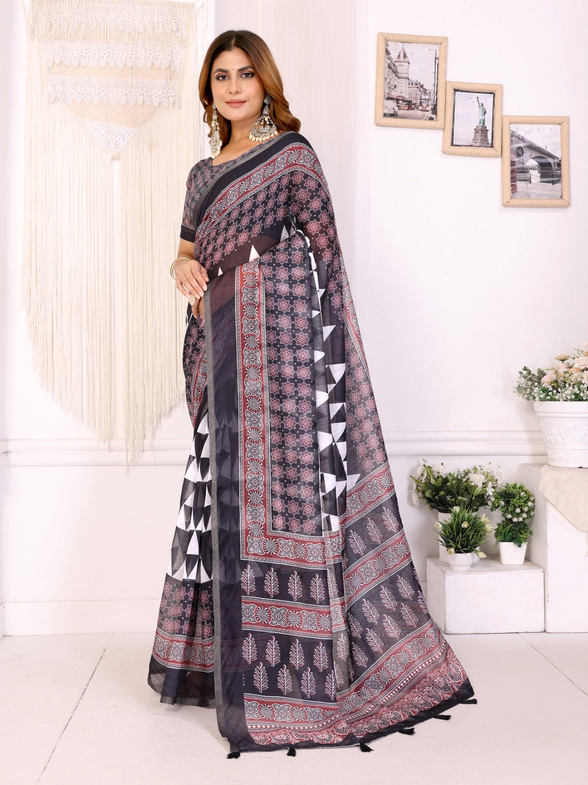 Black Maroon Chanderi Printed Saree for Women