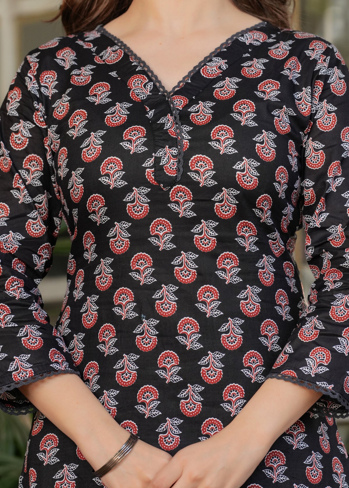 Black Maroon Cotton Printed Kurta Set with Dupatta for Women