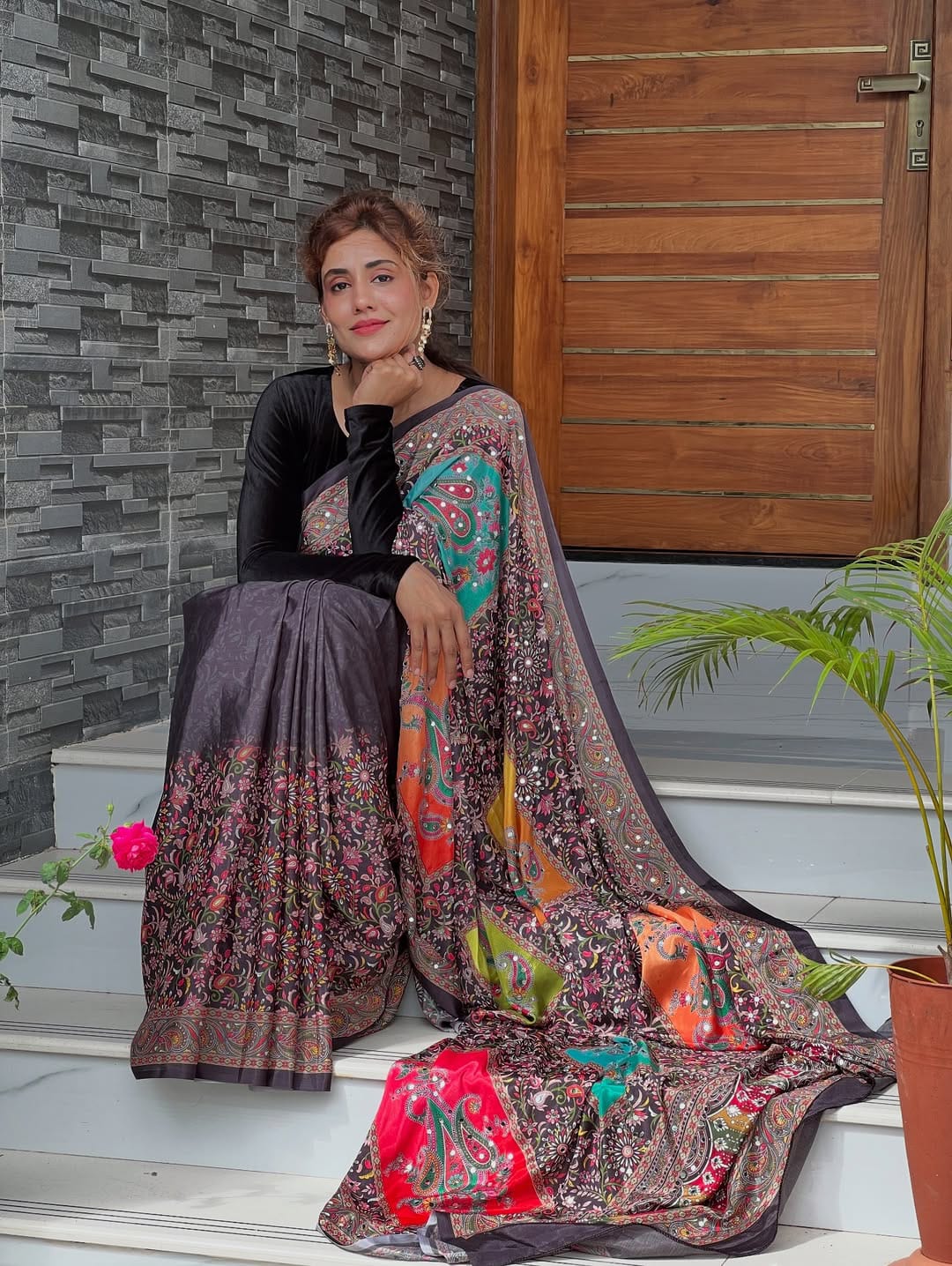 Black Ethnic Mirror Work Bandhej Silk Saree for Women