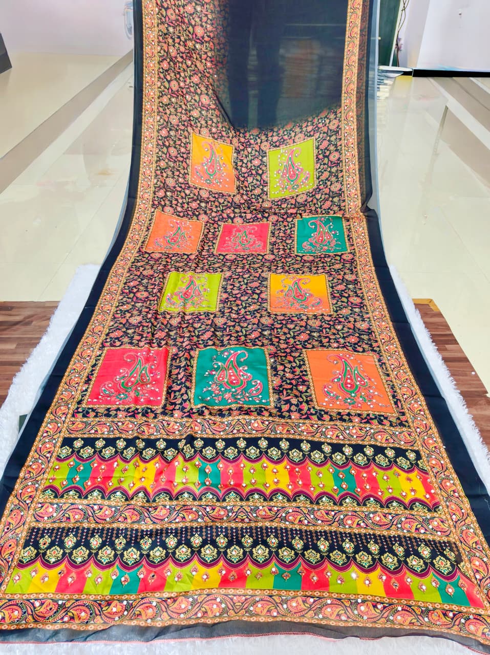 Black Ethnic Mirror Work Bandhej Silk Saree for Women