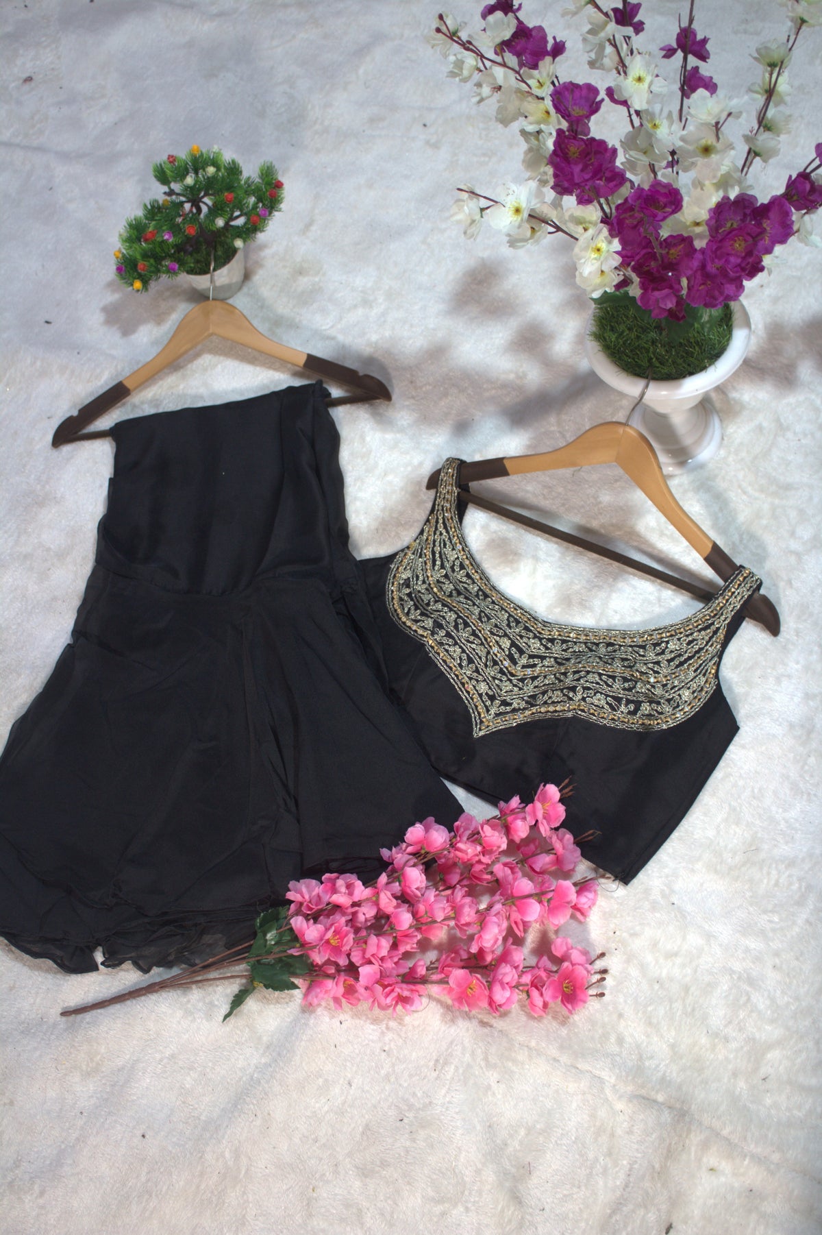 Black Organza Ruffle Saree with Mirror Work Blouse Piece for Women