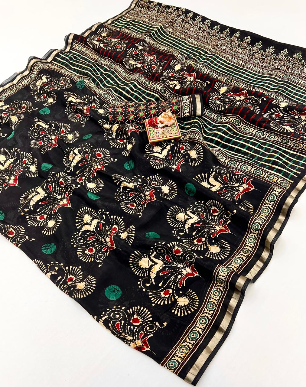 Black Heritage Peacock Digital Silk Saree for Women