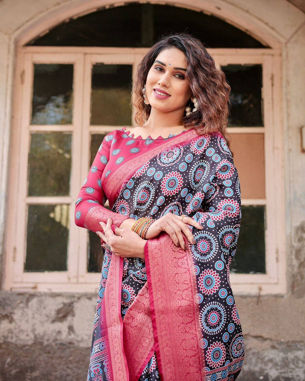 Black Pink Banarasi Silk Saree with Mandala Print for Women