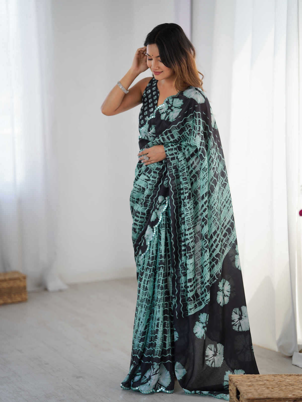 Black Mint Abstract Printed Heavy Chinnon Saree with Mirror Lace