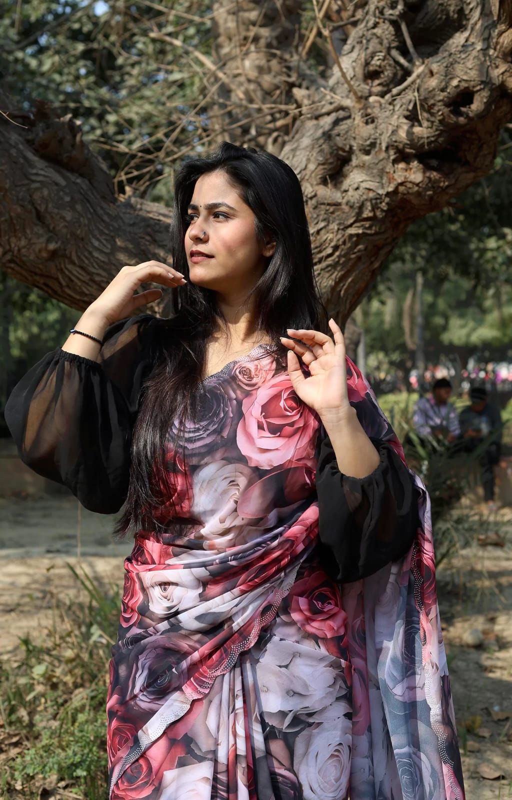 Black Rose Print Georgette Saree with Stone Work for Women