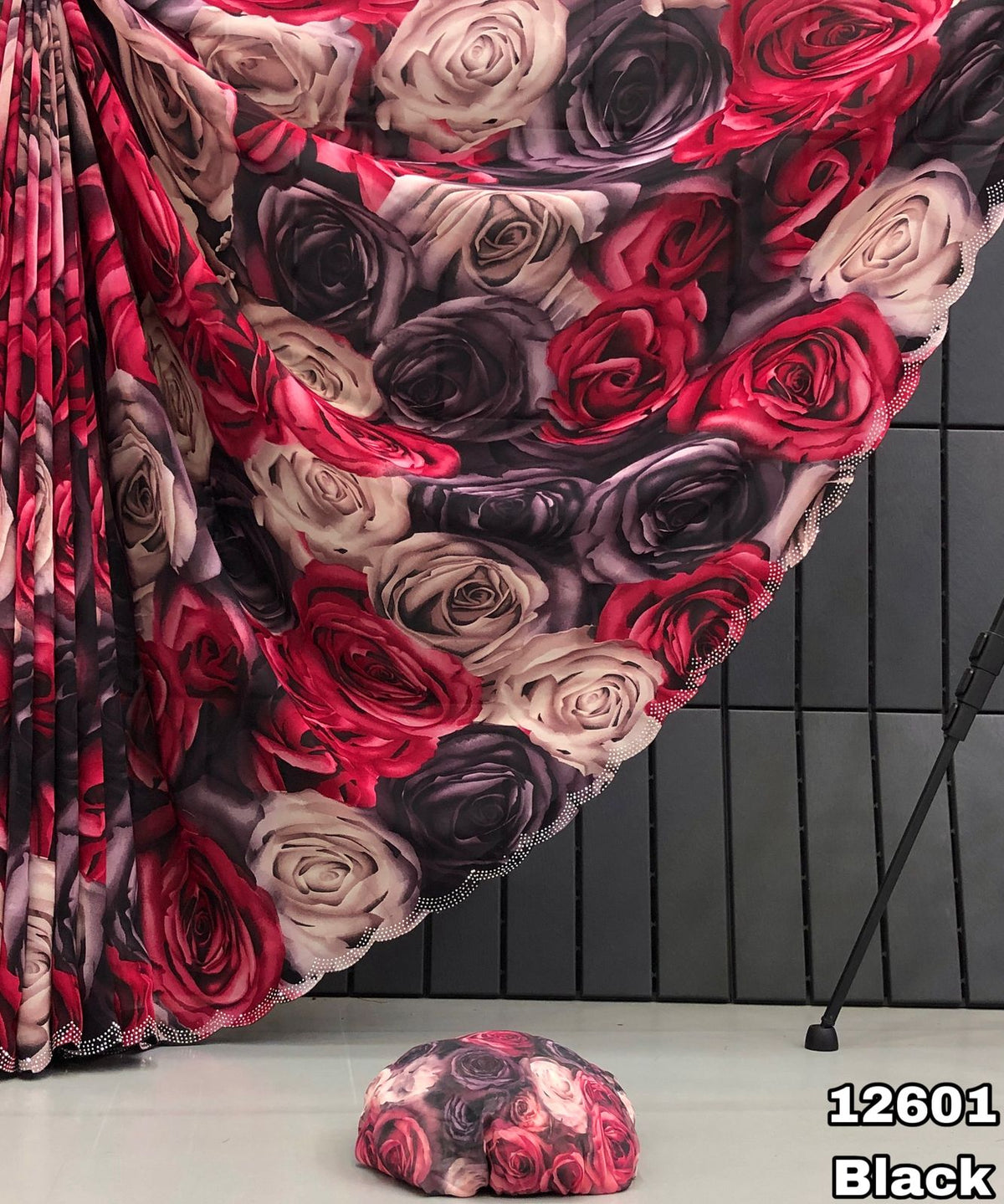 Black Rose Print Georgette Saree with Stone Work for Women