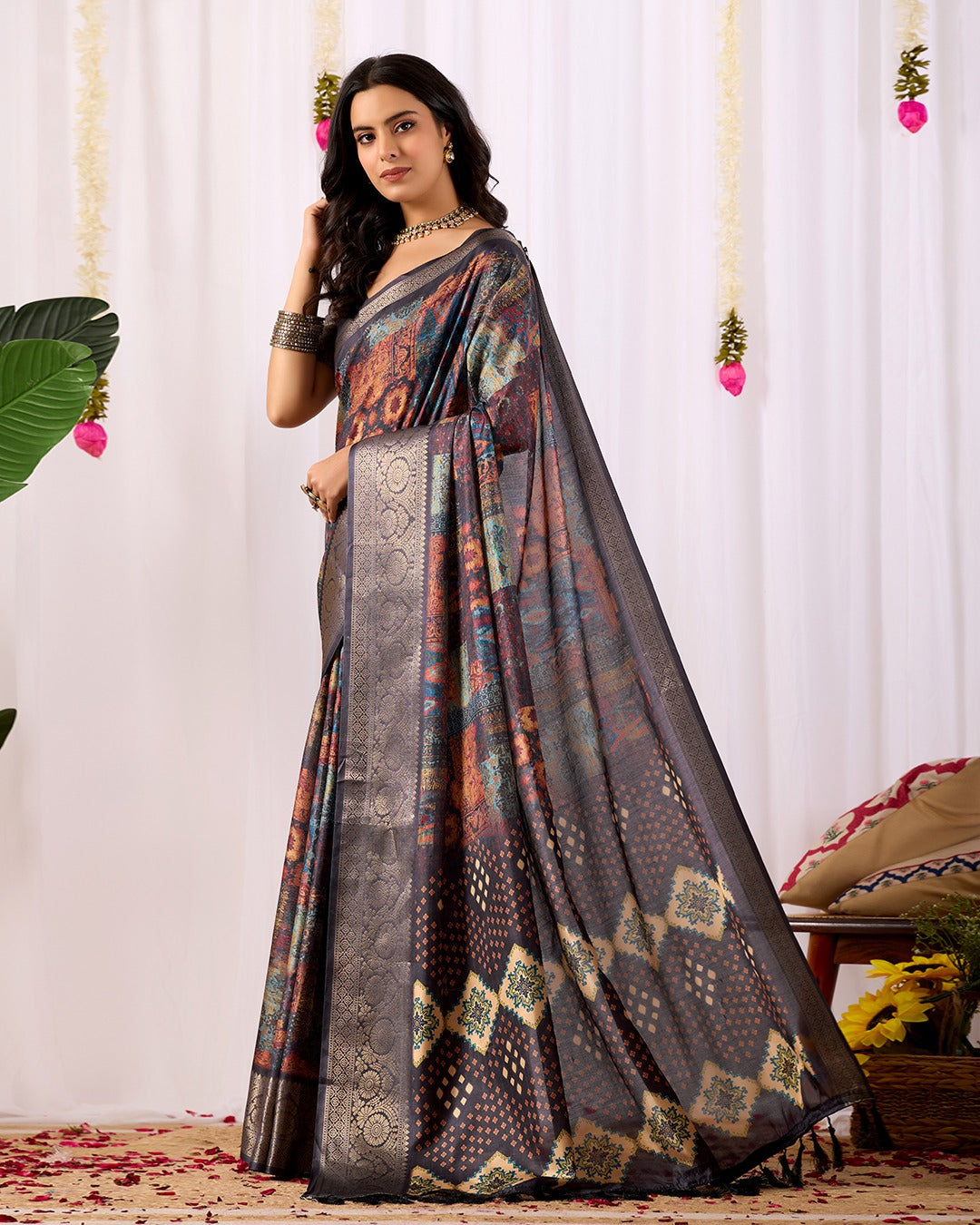 Black Printed Lichi Silk Saree with Ethnic Digital Design for Women