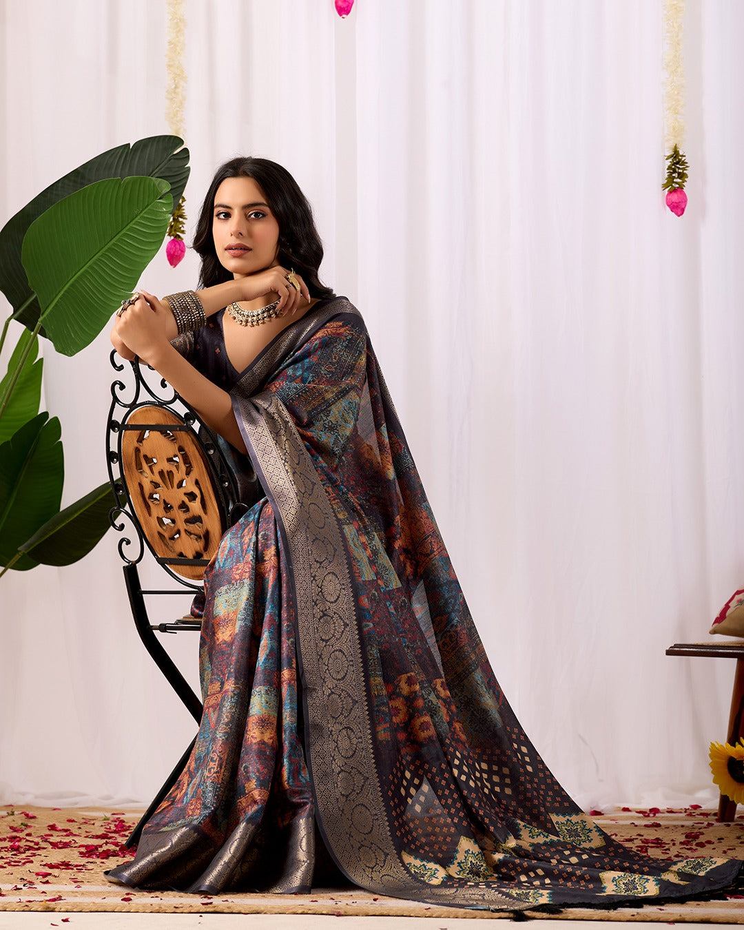 Black Printed Lichi Silk Saree with Ethnic Digital Design for Women