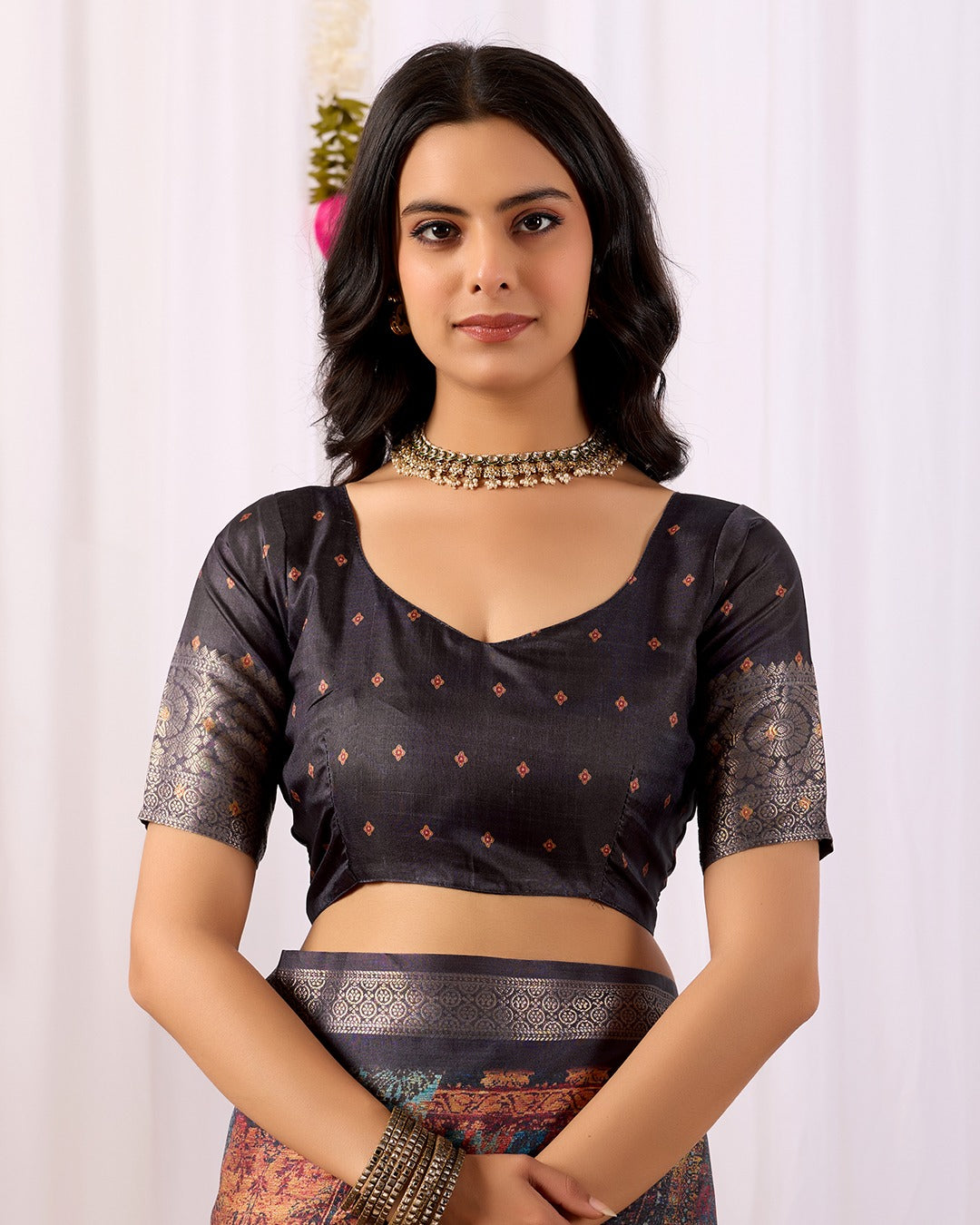 Black Printed Lichi Silk Saree with Ethnic Digital Design for Women