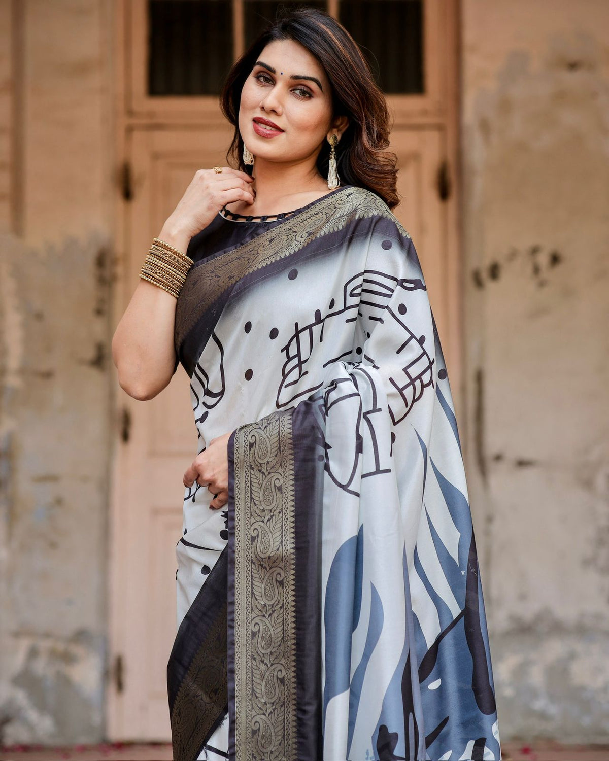 Black White Printed soft silk saree for Women