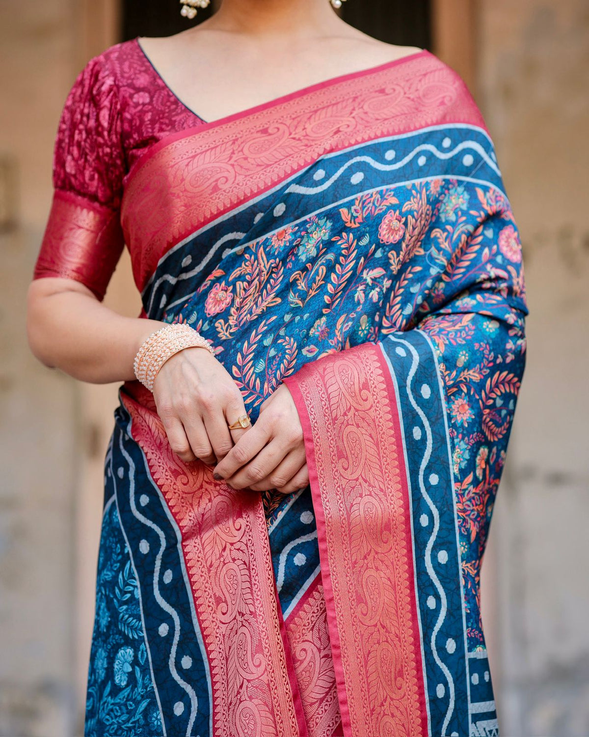 Blue Pink Banarasi Silk Saree with Zari Border for Women