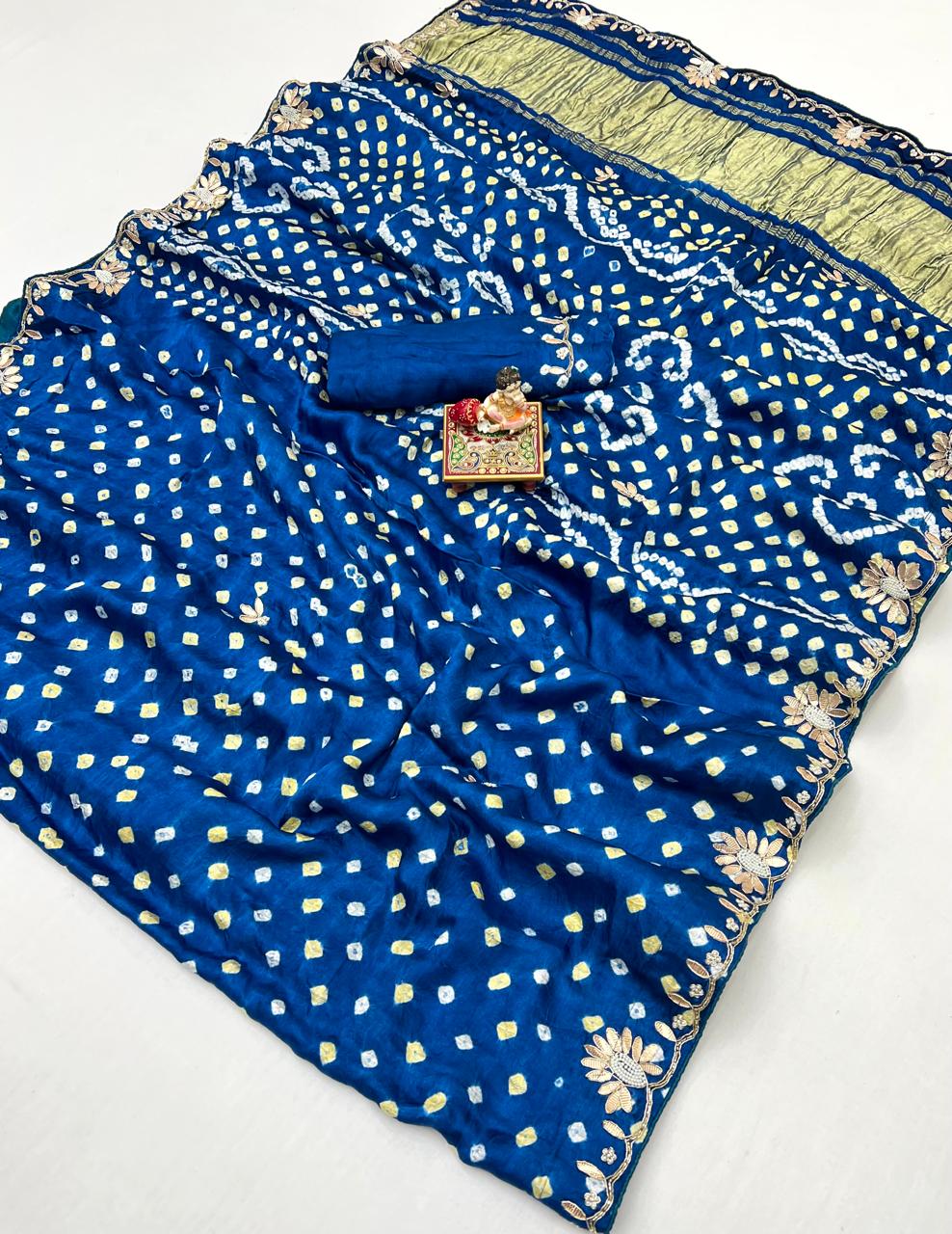 Blue Bandhani Viscose Gajji Silk Saree with Gota Patti for Women