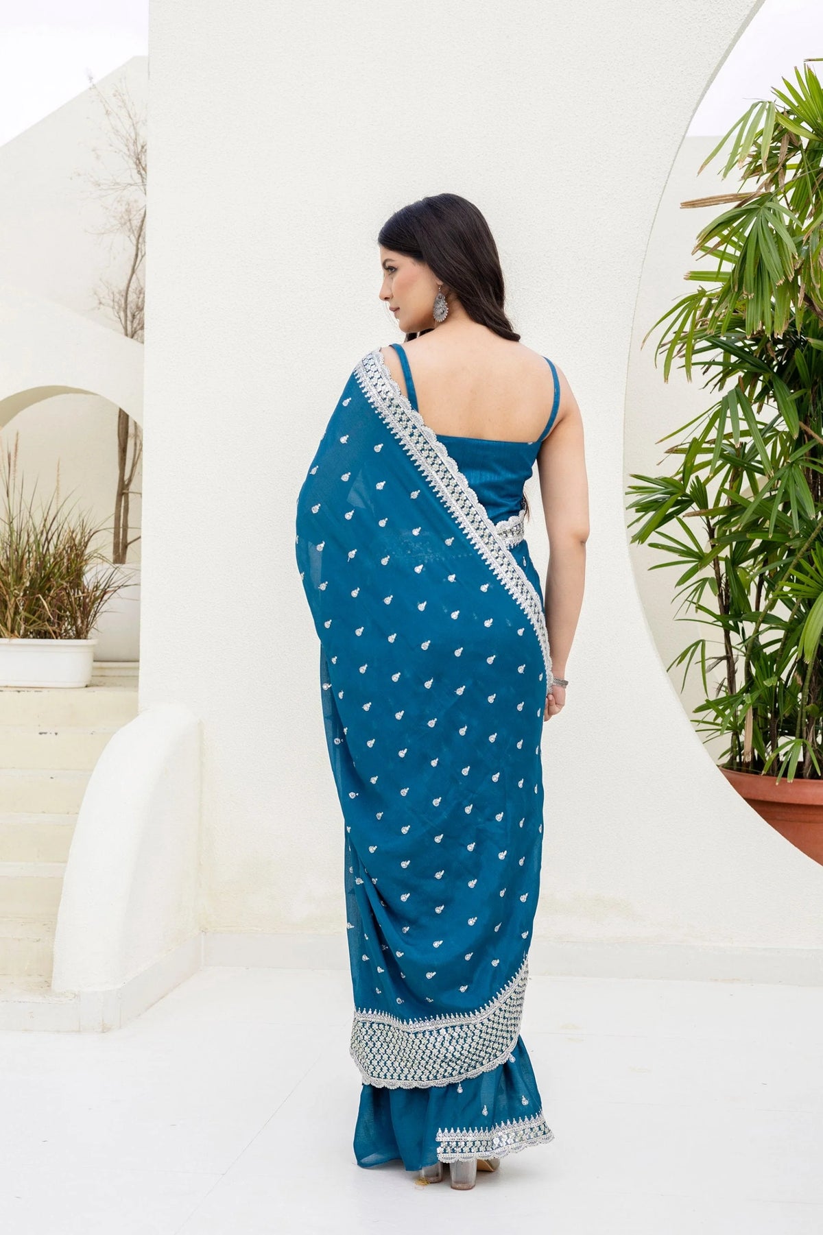 Blue Chinon Saree with Zari, Dori and Sequin Work with Banglori Silk