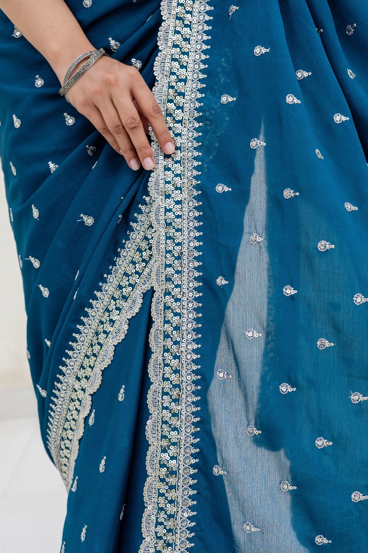 Blue Chinon Saree with Zari, Dori and Sequin Work with Banglori Silk