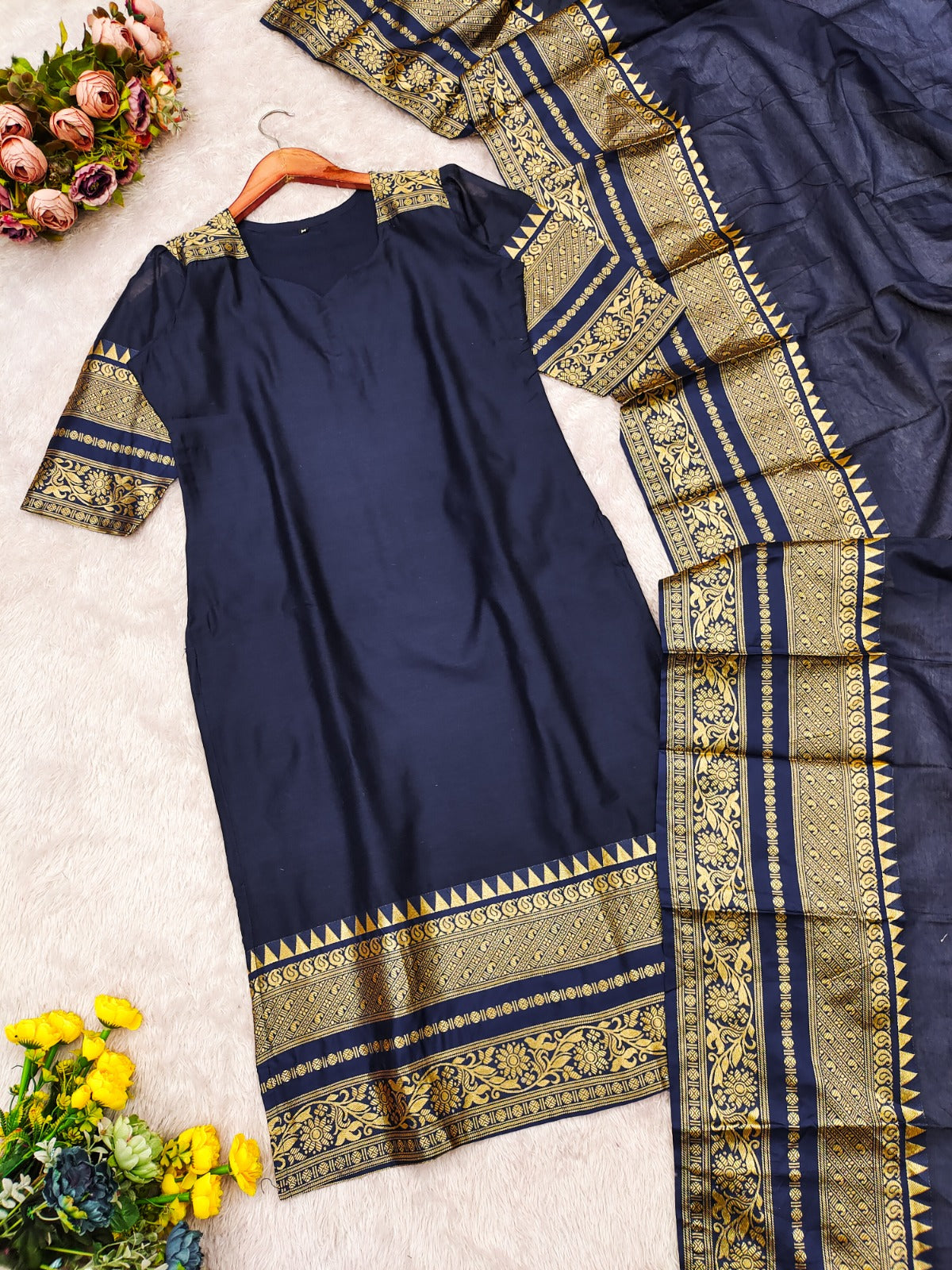 Blue Kanchi Cotton Jacquard Kurti with Elegant Dupatta for Women