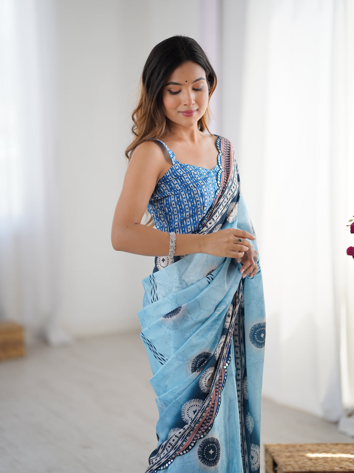 Blue Designer Chinon Saree with Mirror Border for Women