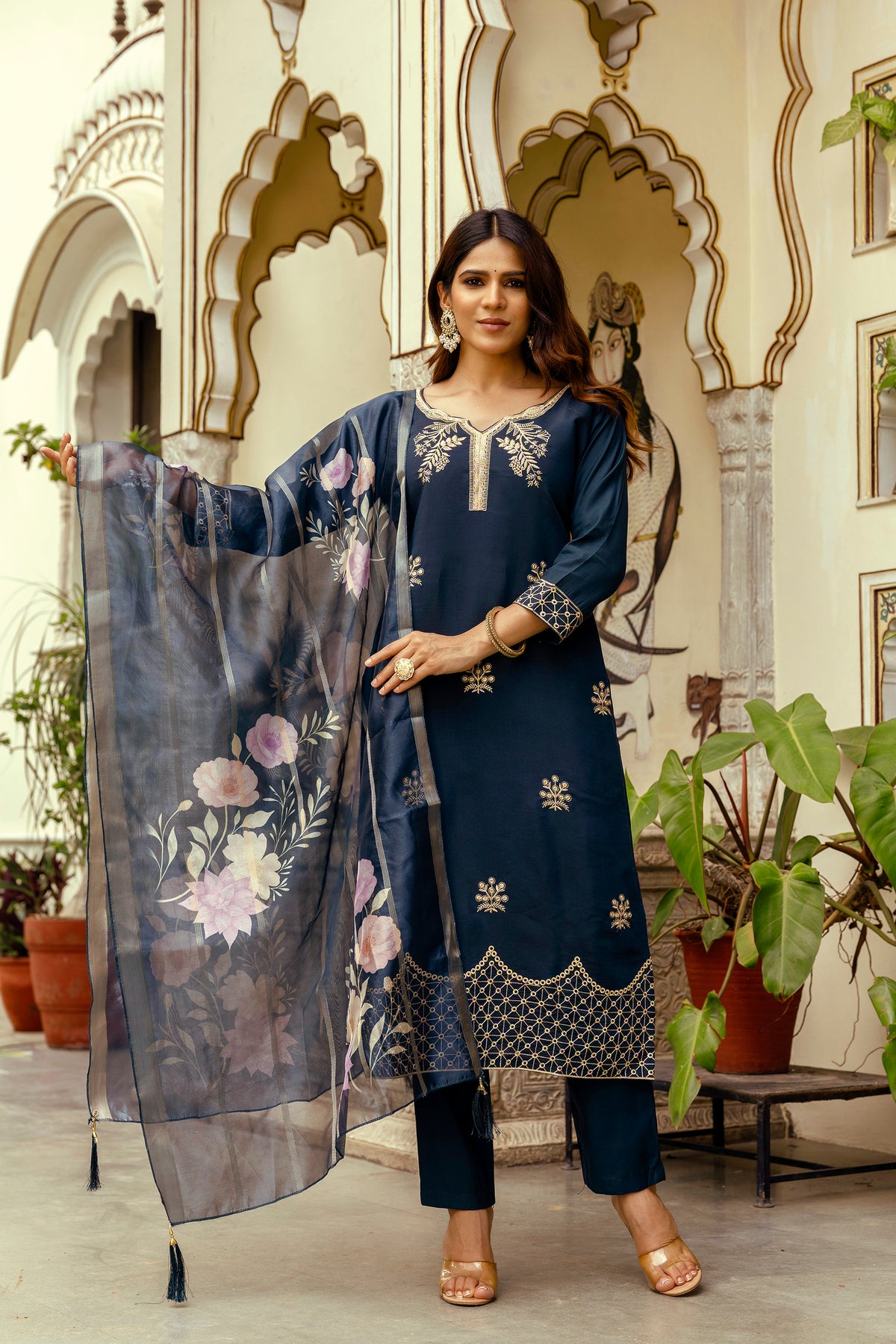 Navy Blue Embroidered Chanderi Kurti Pant Dupatta for Women