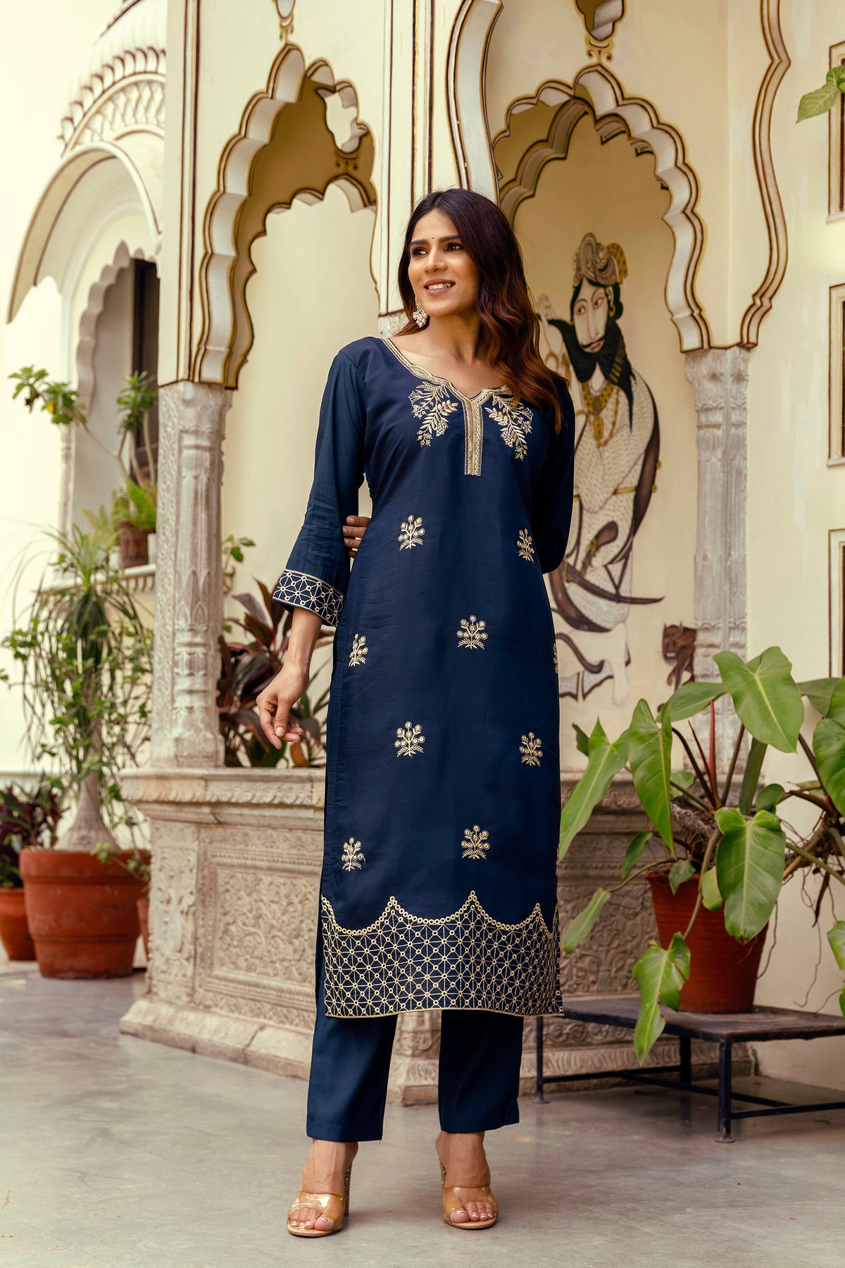 Navy Blue Embroidered Chanderi Kurti Pant Dupatta for Women