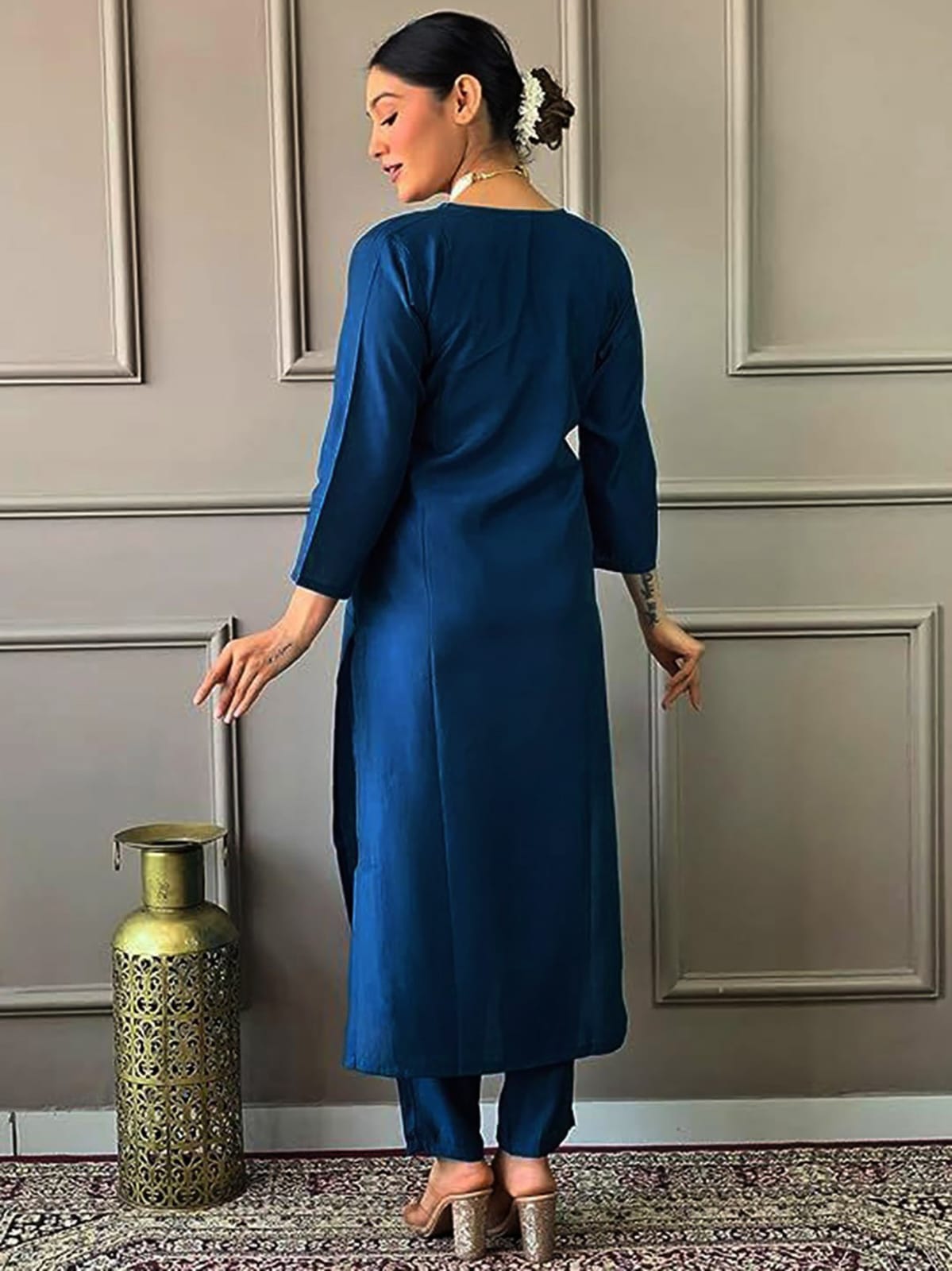 Cerulean Blue Embroidered Tesla Fabric Kurta Pant Dupatta Set
