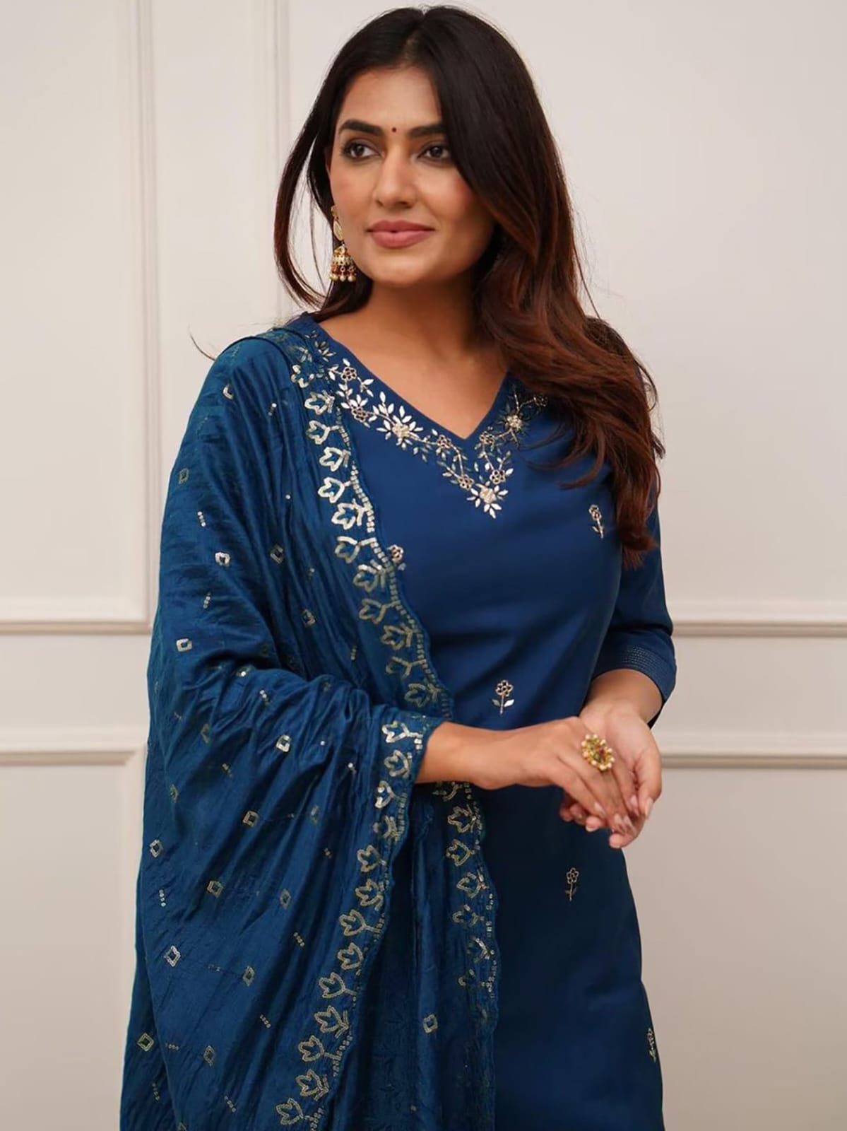 Cerulean Blue Embroidered Tesla Fabric Kurta Pant Dupatta Set