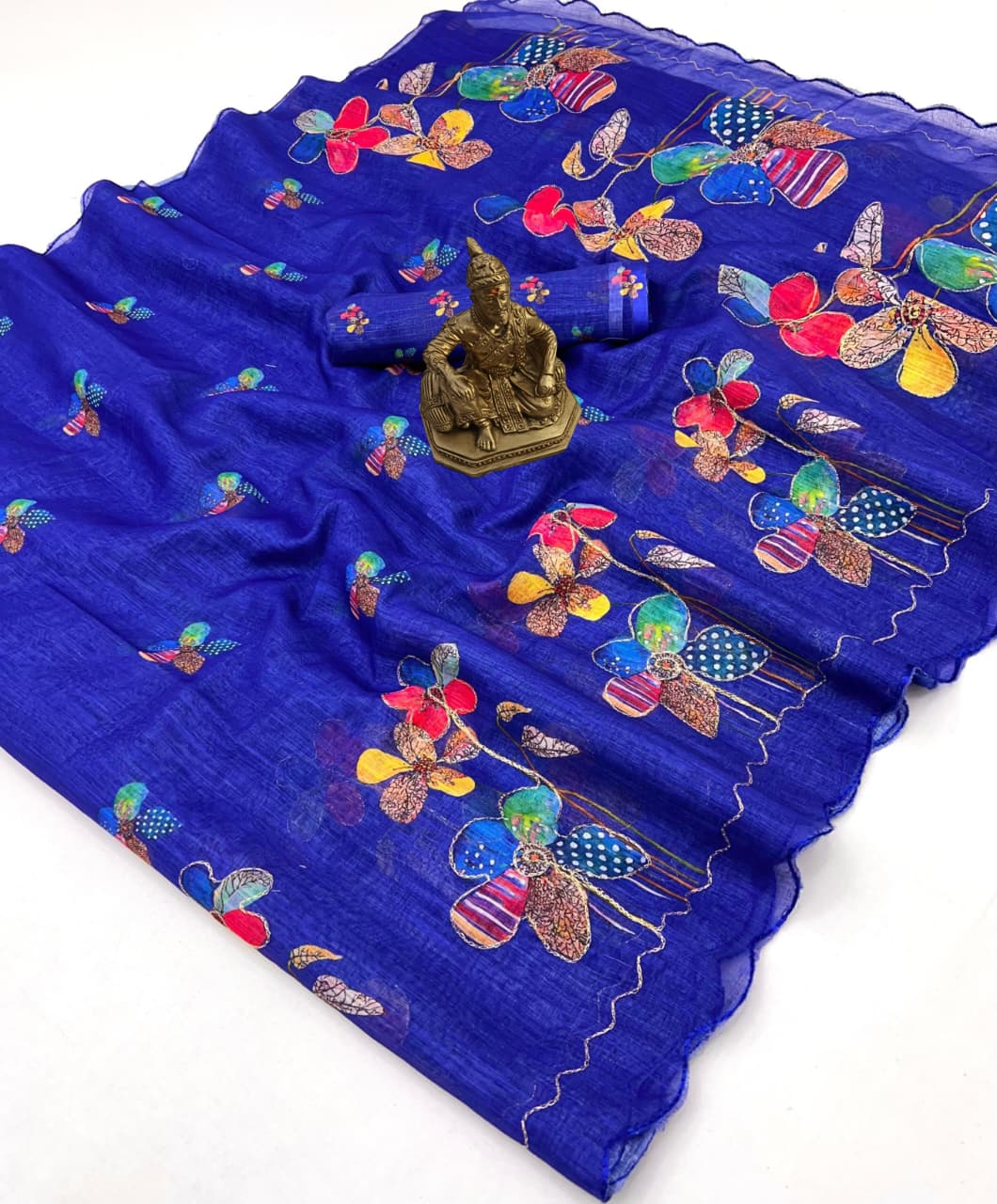 Royal Blue Floral Aari Work Linen Saree for Women