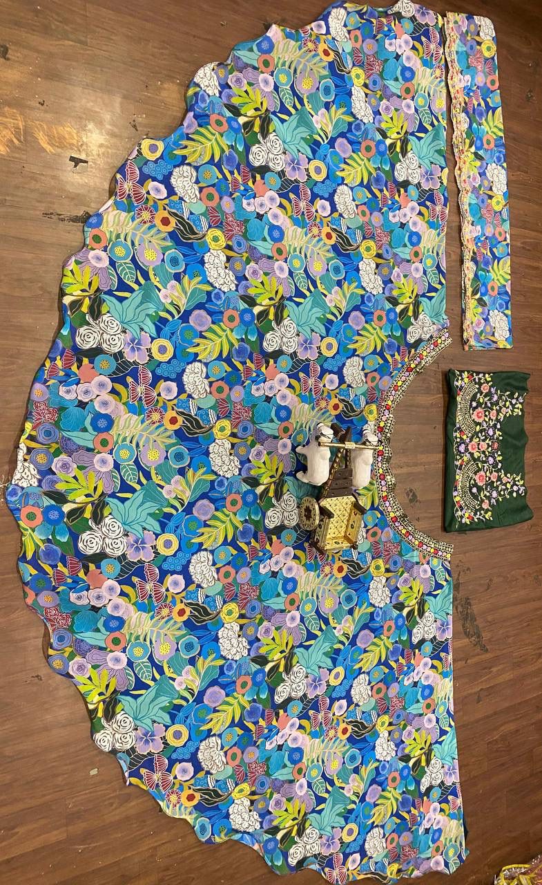 Blue Floral Georgette Lehenga Set with Heavy Flare for Women