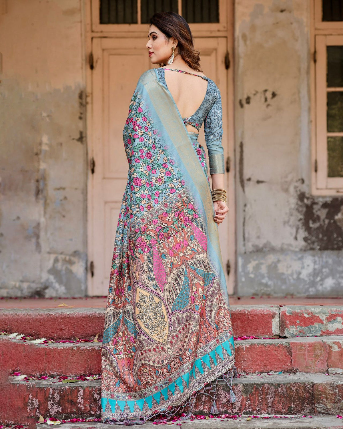 Blue Floral Heritage Silk Saree – for Women