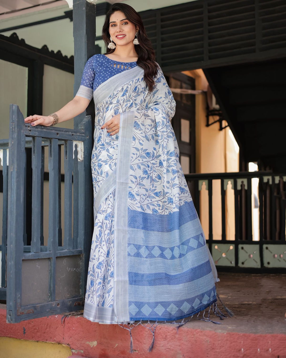 White Blue Floral Linen Saree with Elegant Print for Women