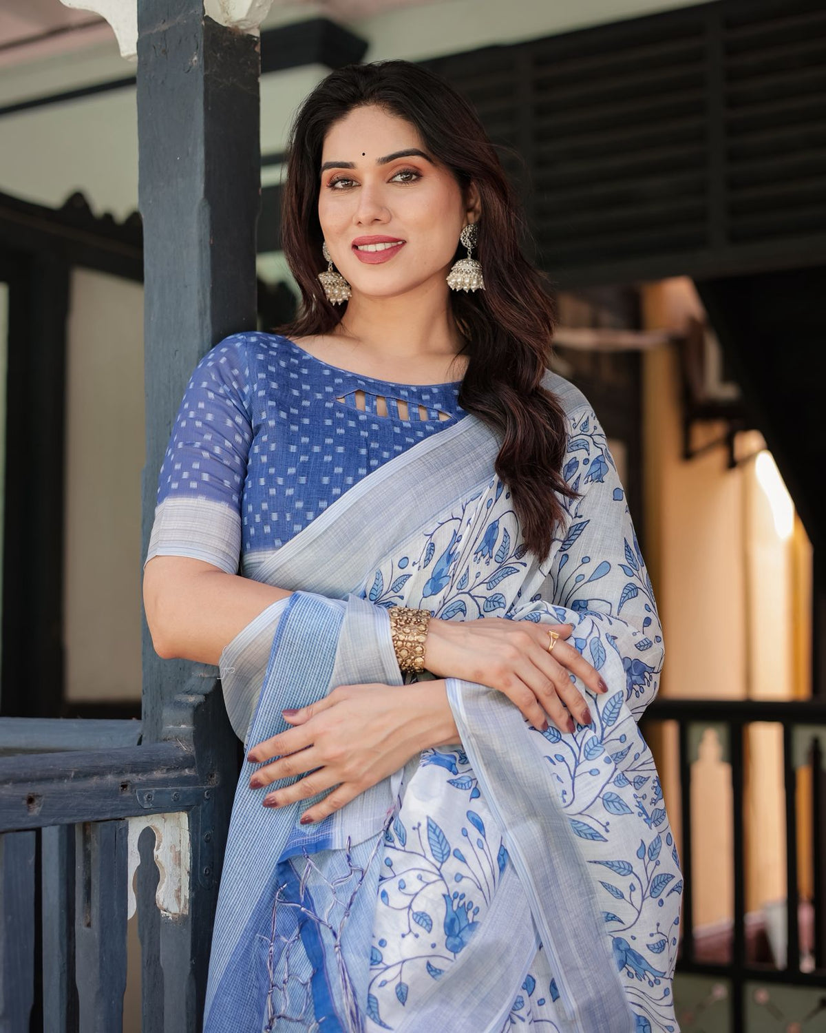White Blue Floral Linen Saree with Elegant Print for Women