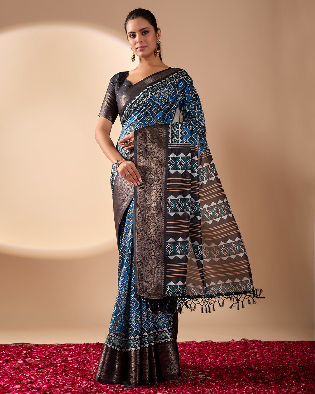 Blue Geometric Lichi Silk Saree with Digital Print and Copper Zari